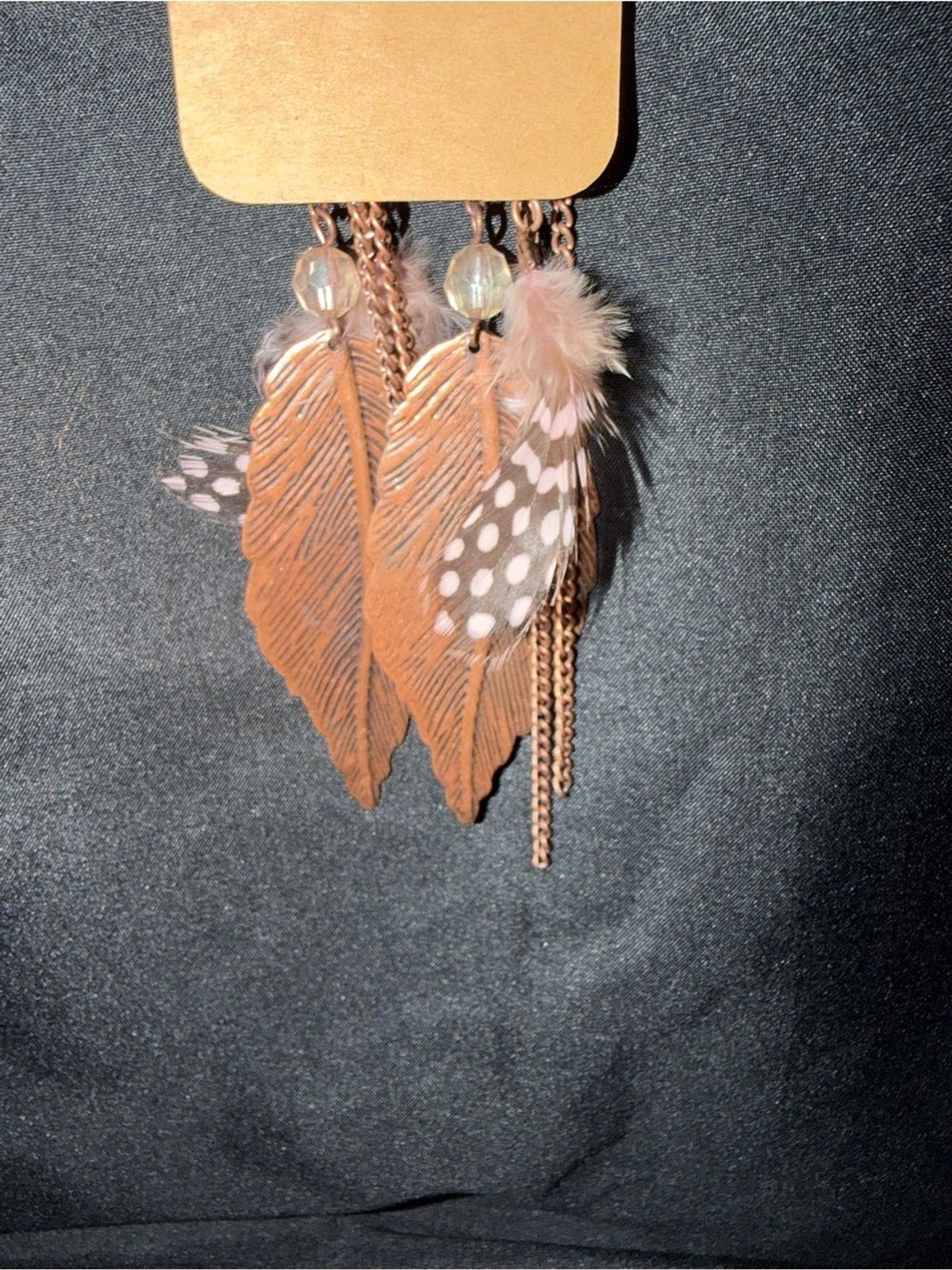 Source Unknown Rose Gold Feather Drop Earrings with Pink Beads