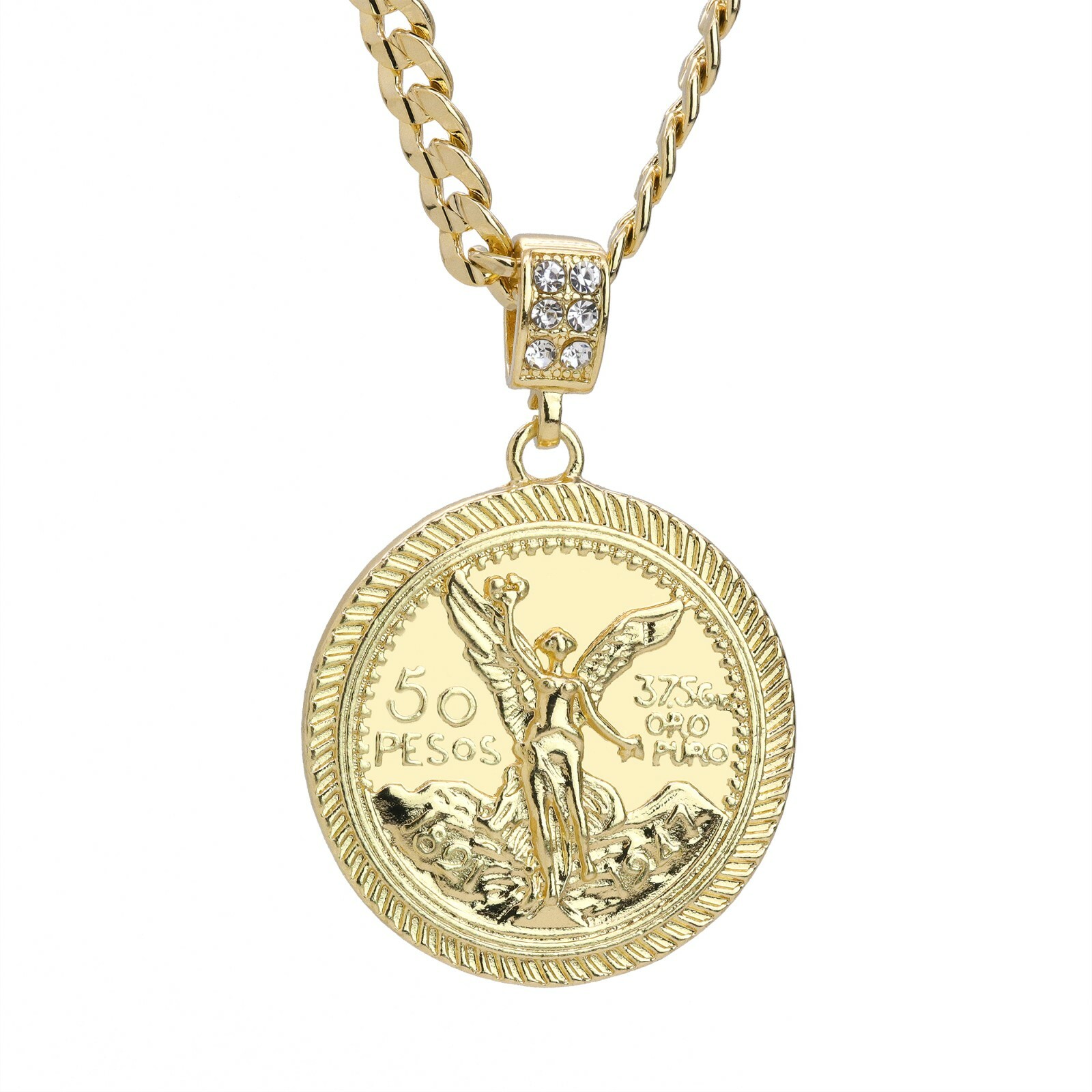 Plain Centenario 50 Pesos Pendant Cuban Chain Men’s Gold Plated Cubic Zirconia