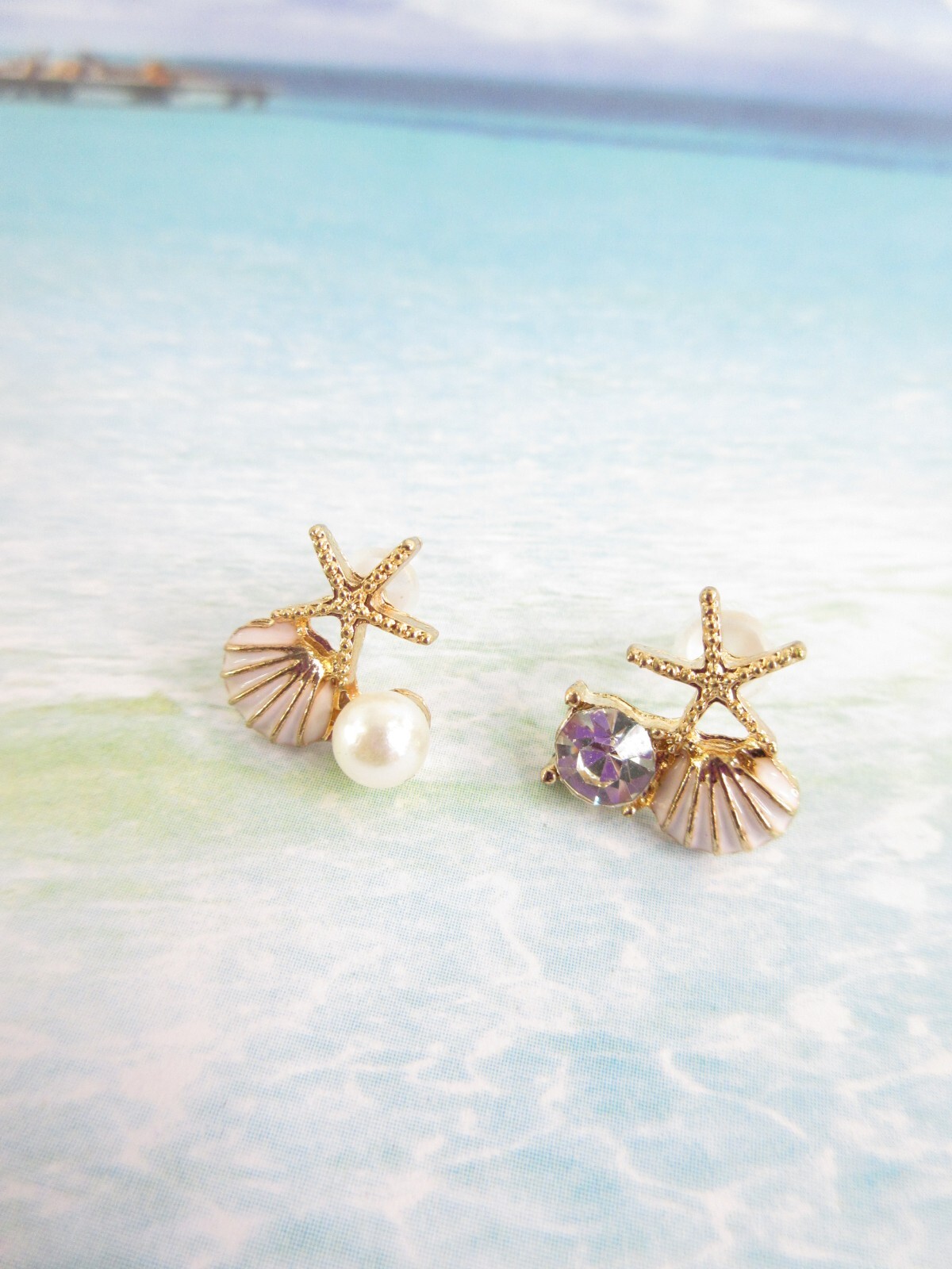 Dainty Seashell Earrings Starfish Rhinestone Pearl Pierced Beach Jewelry Pretty