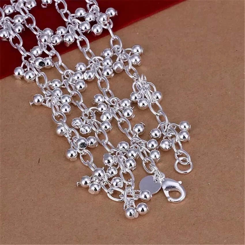 925 Sterling Solid Silver Smooth Beads Chain Necklace Women Fashion Jewelry