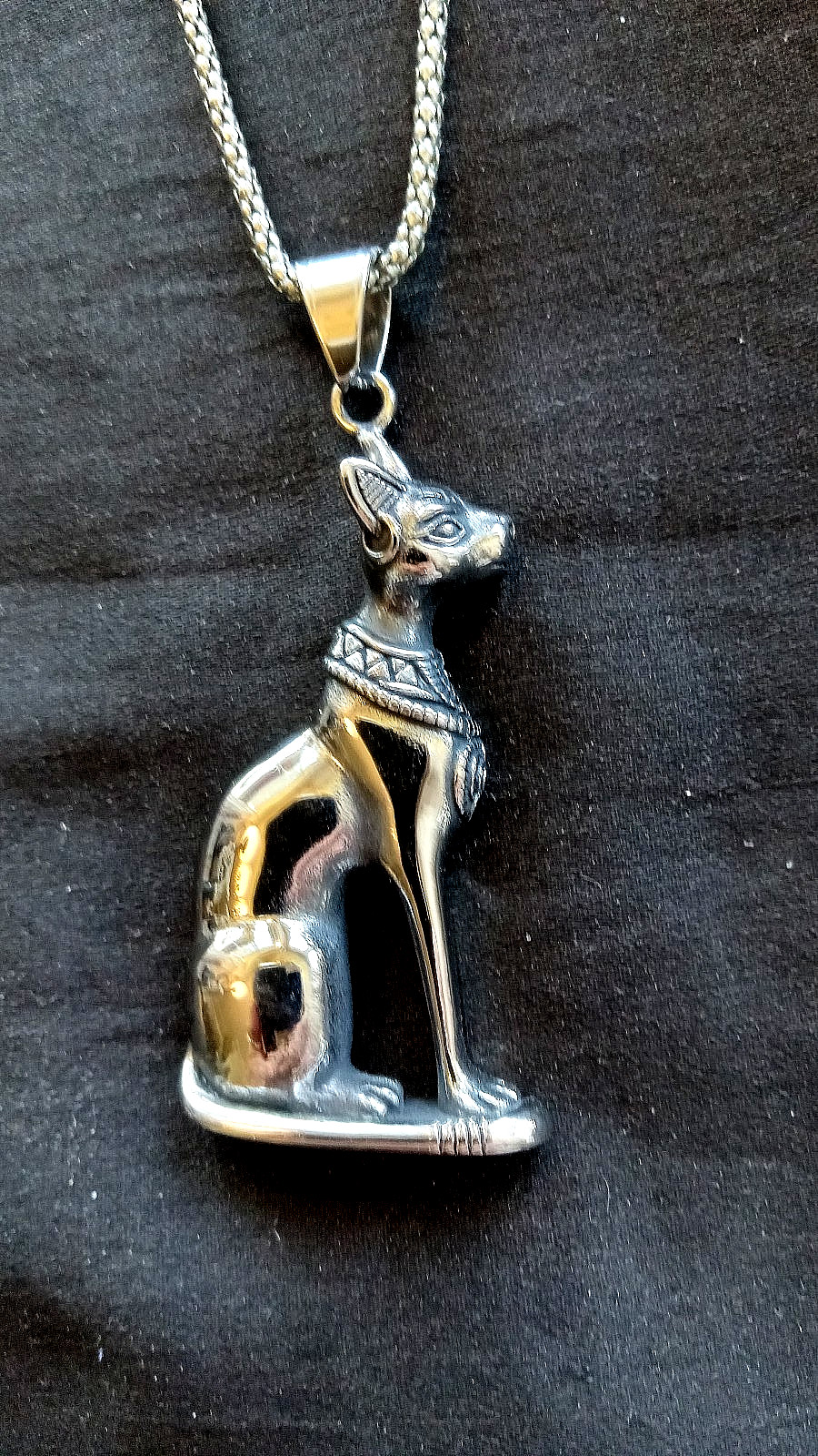 Ancient Egyptian Cat Bastet Silverplated Dramatic Large Pendant, Egyptian Bast