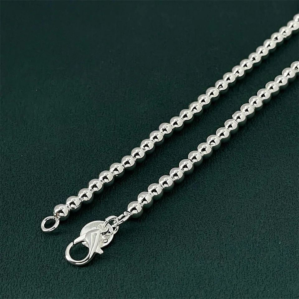Round Bead Chain Necklace 925 Sterling Silver 4mm Classic Wedding Men Jewelry