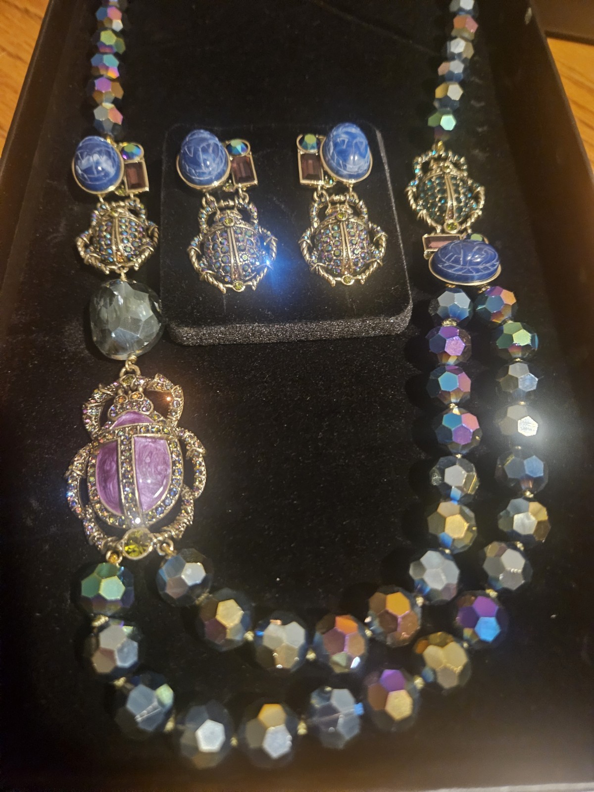 Heidi Daus Scarab Beetle Necklace Earrings Crystal Egyptian Revival Very Rare