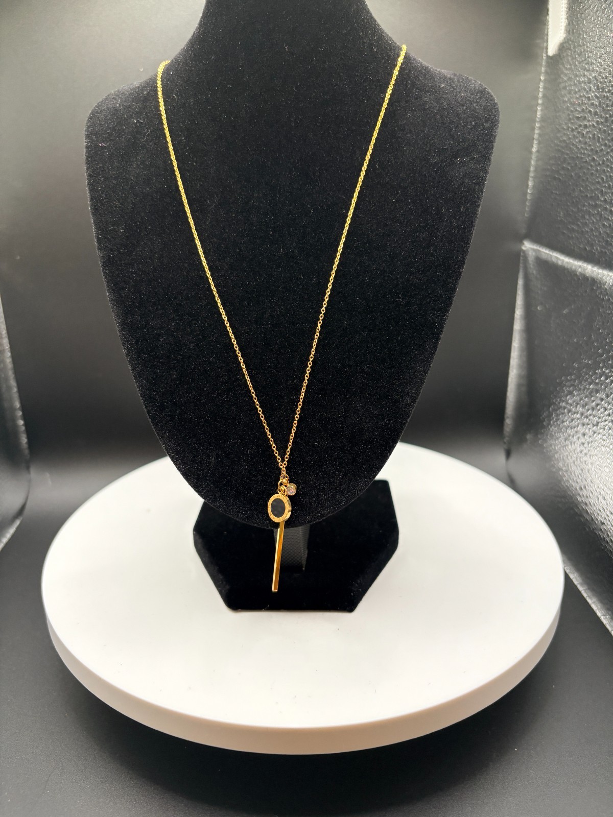 18KGP Gold Plated Roman Numeral Pendant Necklace Black Inlay CZ Accent 18″