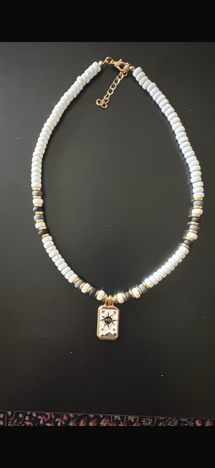 Black Beaded Necklace w/ Gold Tone Rectangle Charm Pendant, Adjustable