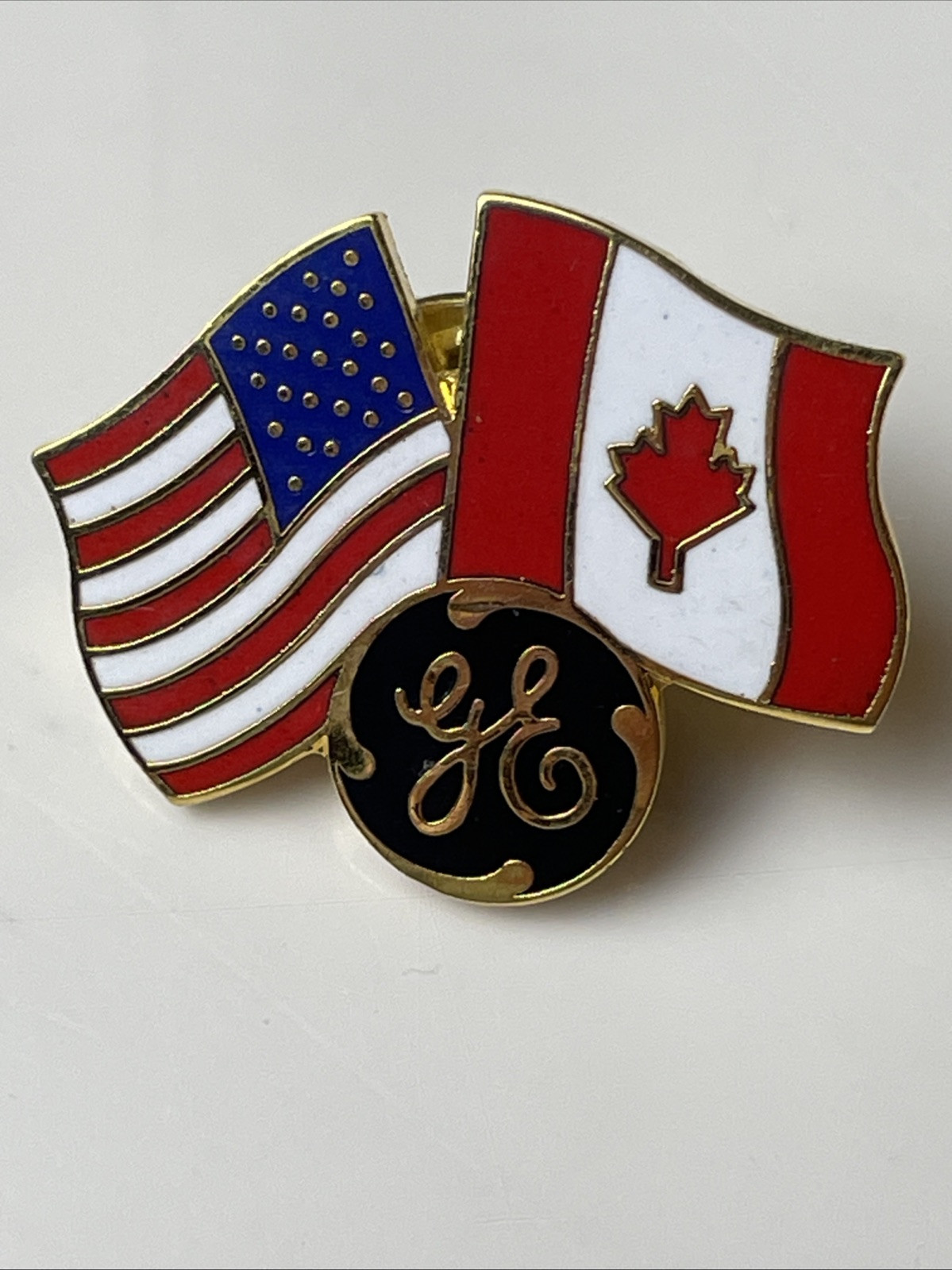 GE General Electric Metal Pin With United States & Canada Flags Emblem Square