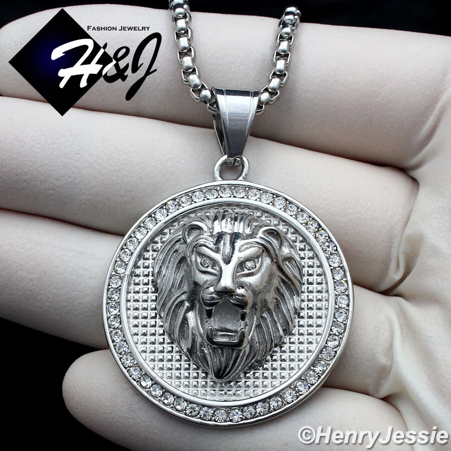18-36″MEN Stainless Steel 4mm Silver Box Link Chain 3D CZ LION Pendant*109