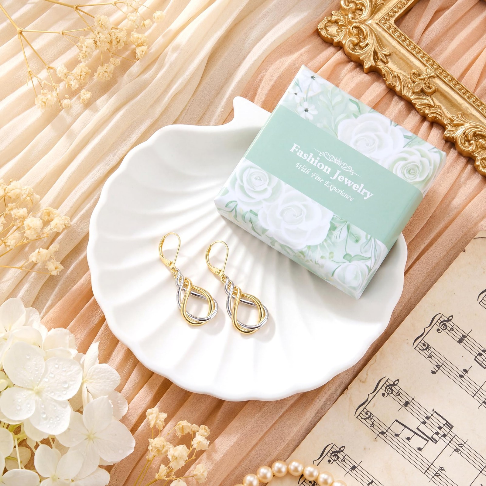 Two Tone Twisted Drop Earrings for Women, 14K Gold and Silver Plated Leverbac…