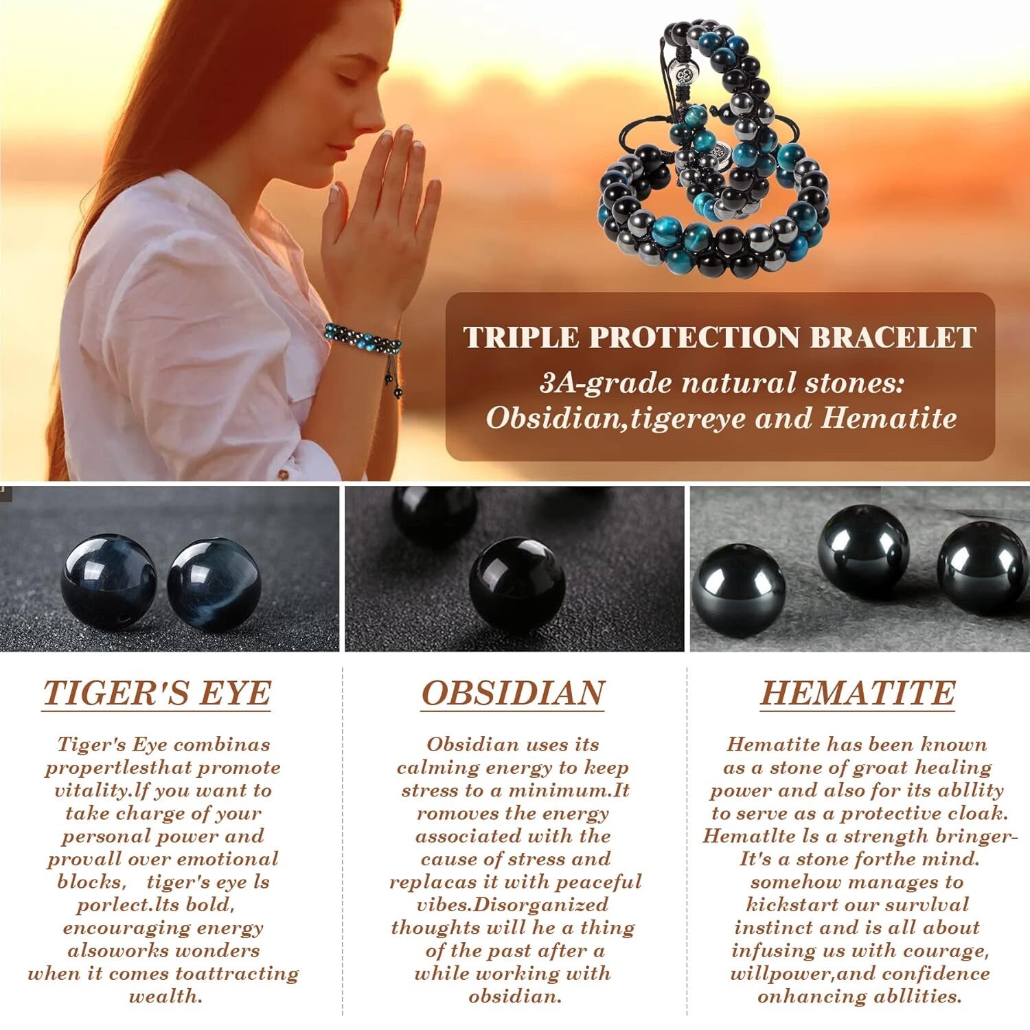 Triple Protection Bracelet for Protect Balance-Tiger Eye Hematite Natural Stone