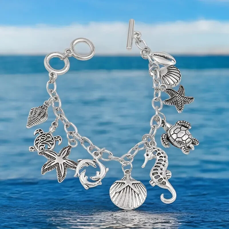 925 Sterling Silver Dolphin Starfish Sea Turtle Sea Horse Beads 7.5″ Bracelet