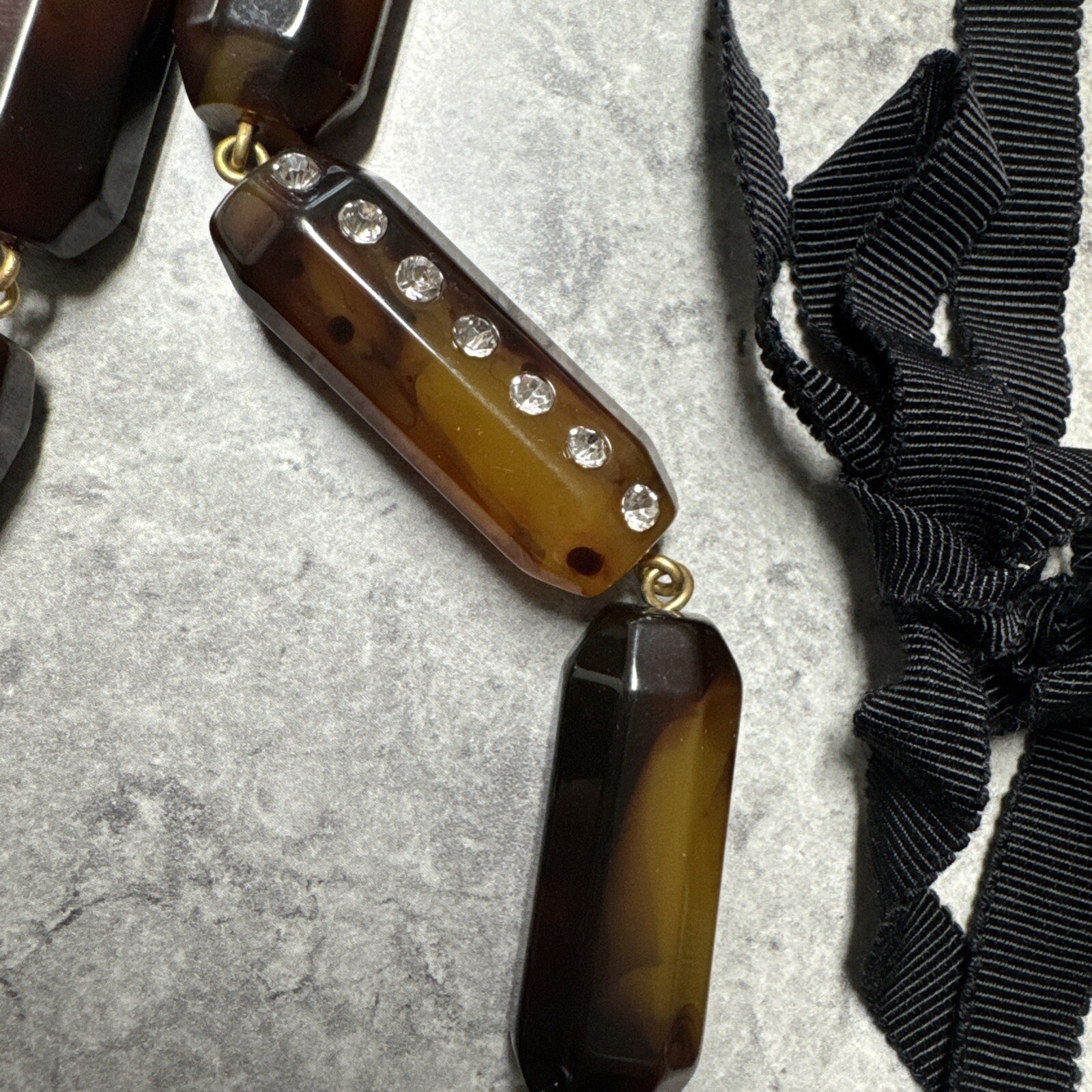 J Crew Bead Necklace Brown Colored Oblong Rhinestones Black Ribbon 36″ NEW gift