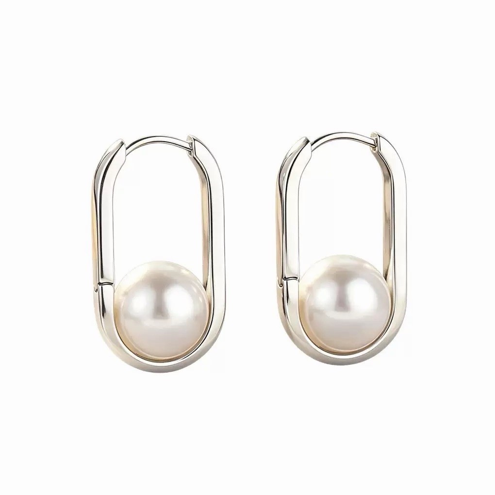 925 Silver Safety Pin Pearl Hoop Earrings Geometric Oval Huggie Earrings 428