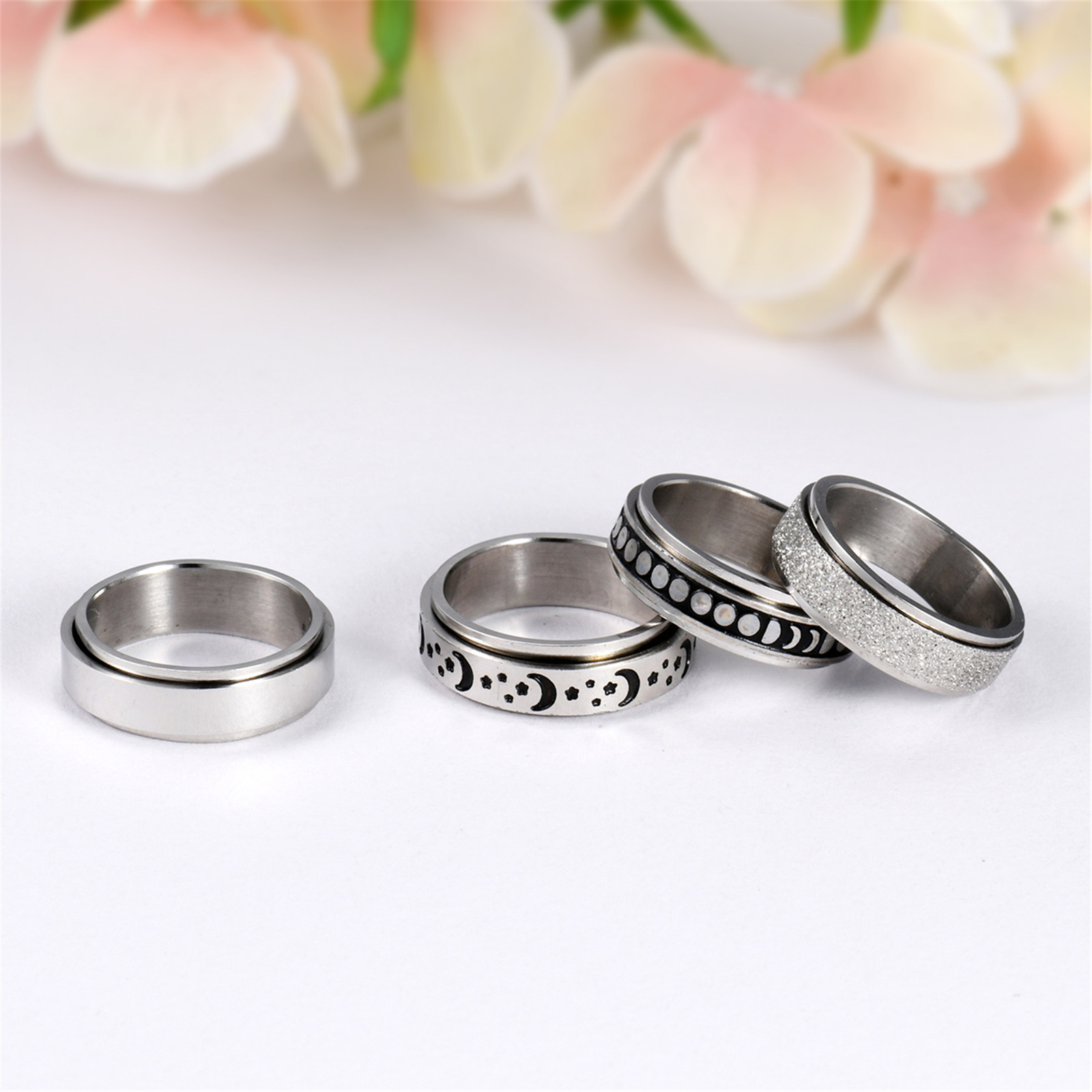4pcs Stainless Steel Anxiety Ring Women’d Mens Fidget Spinner Moon Star Band Set
