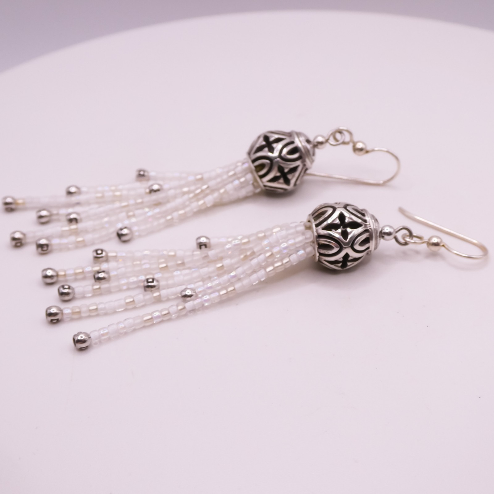 Brighton Boho Roots White Beaded Tassle 3.3″ Womens French Wire Pierced Earrings