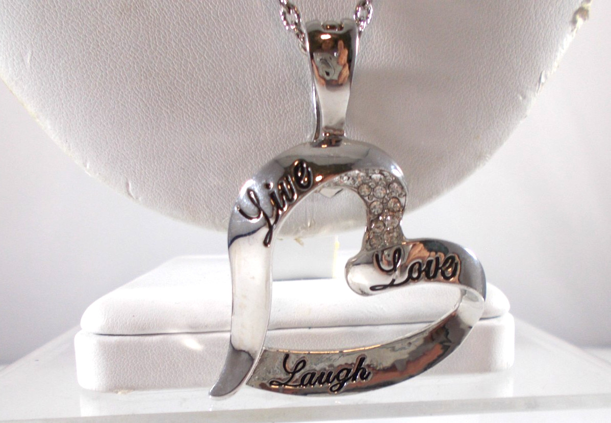 Signed Roman Live Love Laugh Open Heart Silver Tone Pendant Necklace Free Ship