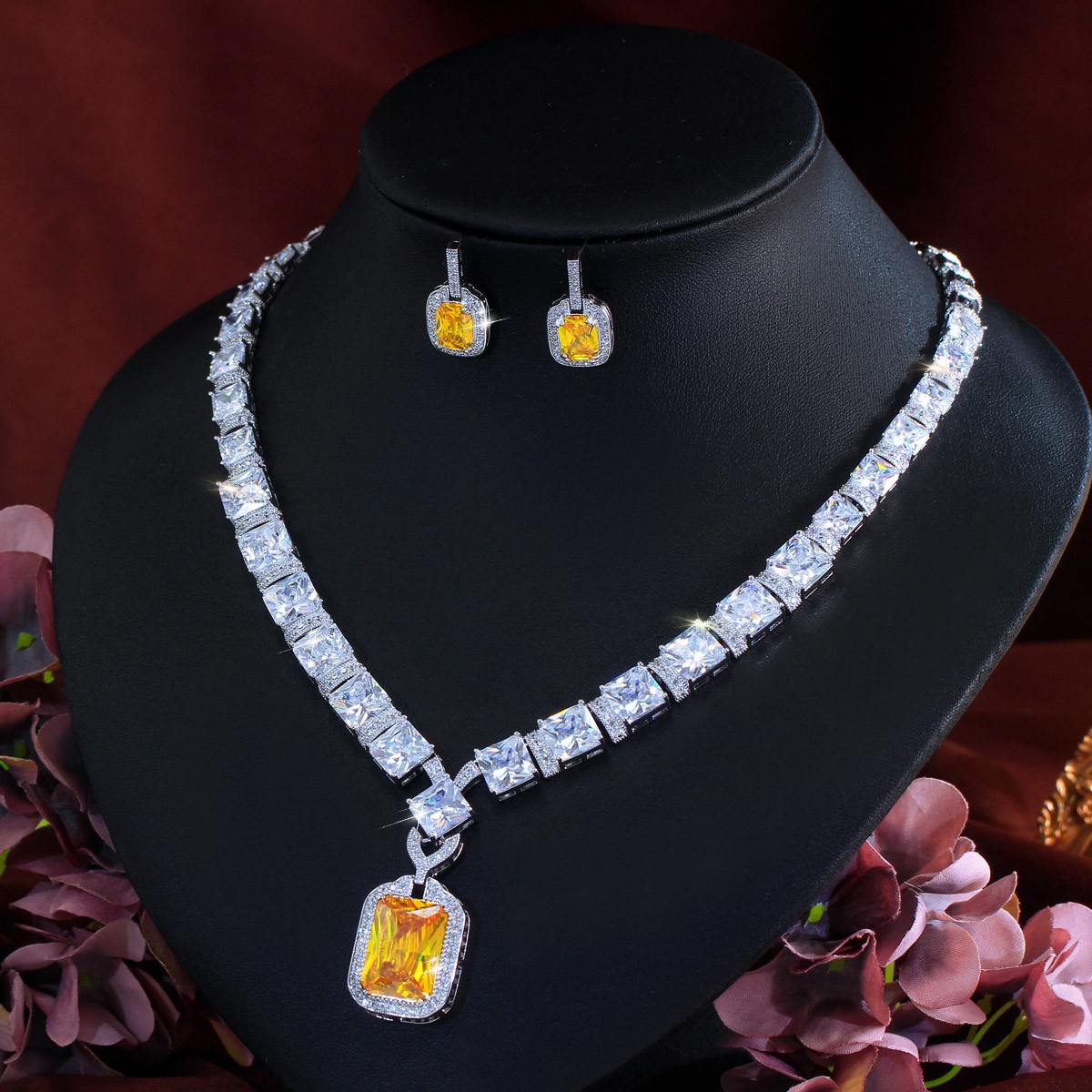 Silver Plated CZ Yellow Square Necklace Earrings Set for Women Costume Jewelry