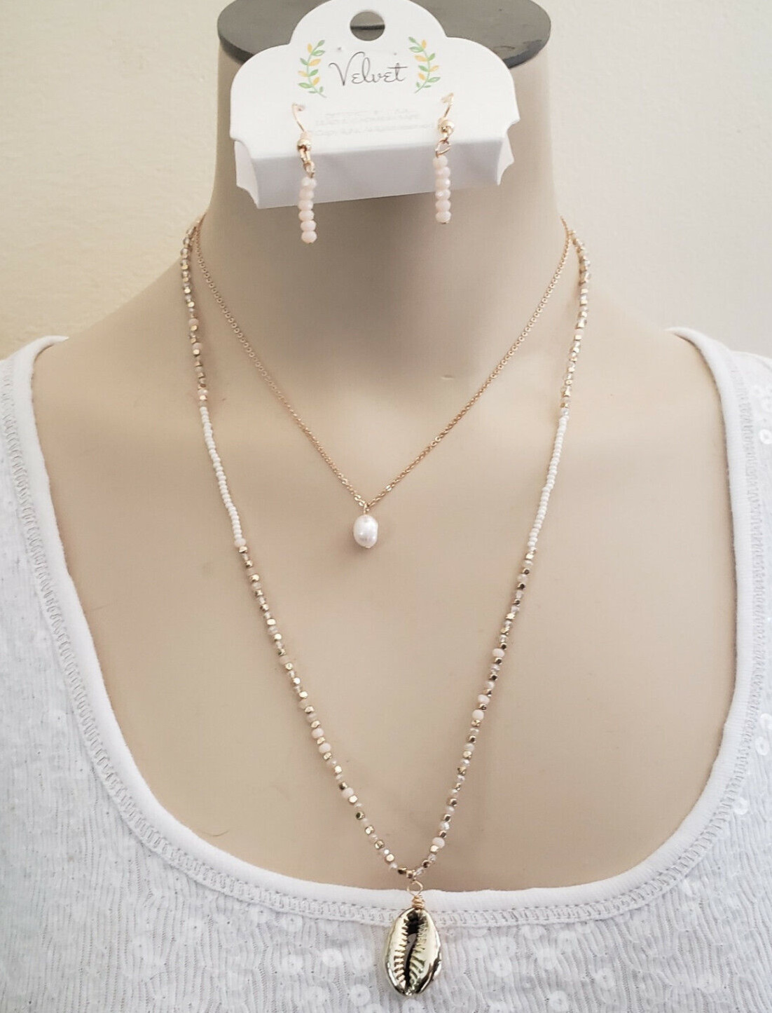 Gold Shell Cowrie Pearl Beach Sea Life Beaded Layer Necklace & Earring Set NWT