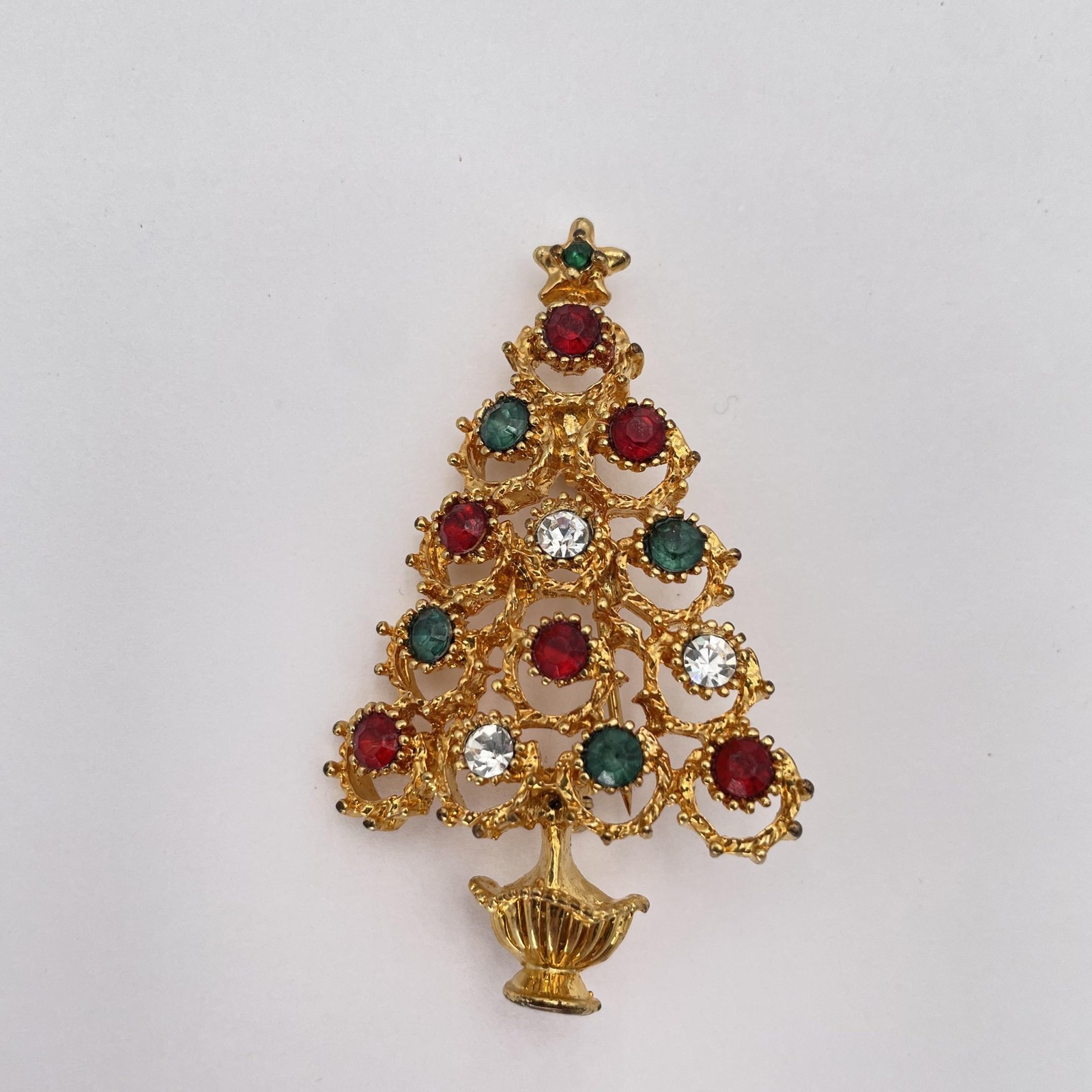 Christopher Radko Christmas Tree Brooch Pin Gold Tone Red Green Clear Rhinestone