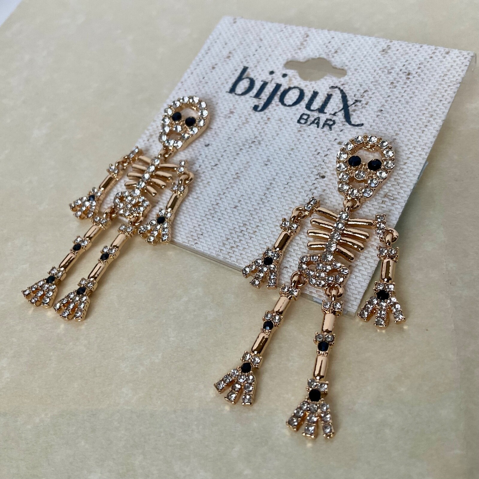 Skeleton Dangle Earrings Gold Tone Rhinestones Articulating Bijoux Bar