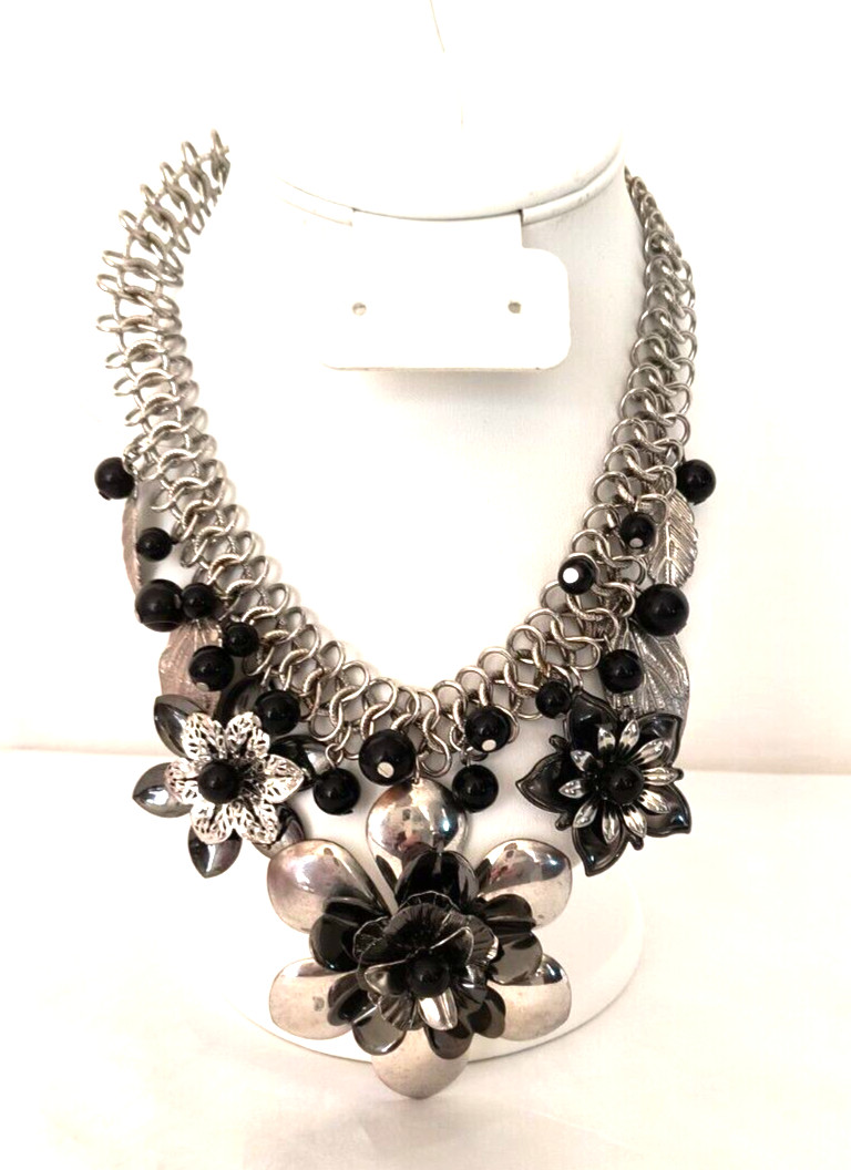 Silver Tone & Black Women’s Statement Necklace Flower Shapes Adjustable Length