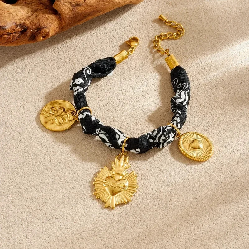 Charm Anklet Bracelet Twisted Braided Black Scarf Bandana Gold Plated Charms