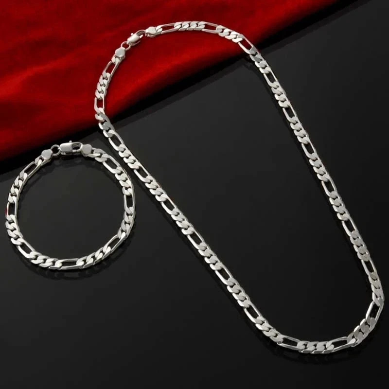 925 Sterling Silver 4MM Chain Bracelet Necklace Set Jewelry Gift for Men Women