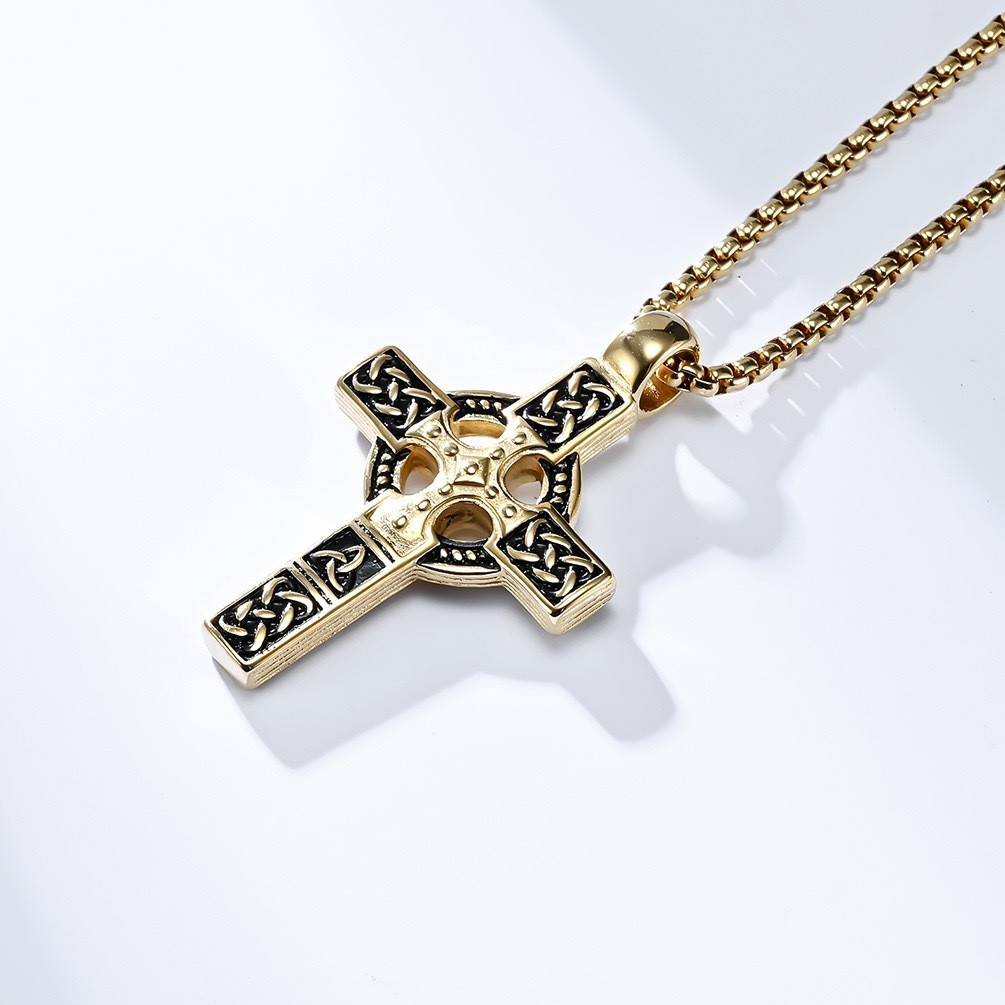 Celtic Knot Titanium Steel Gothic Cross Necklace Norse Runes Viking Pendant 24″