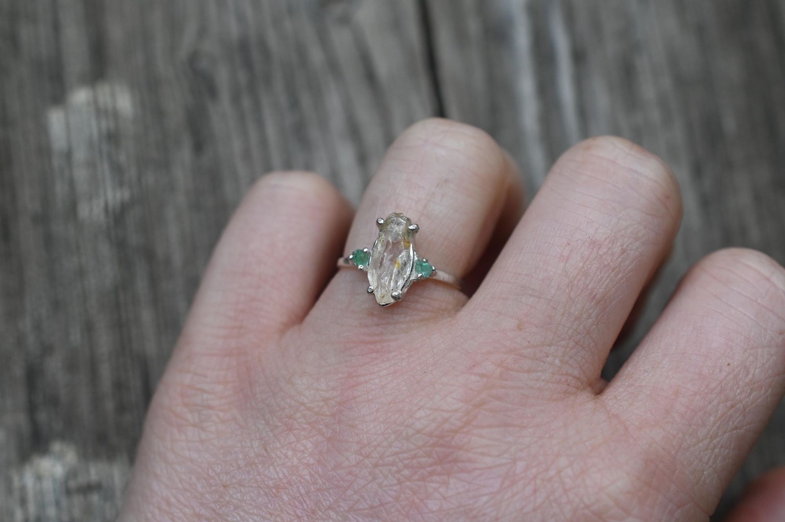 Engagement ring Emerald and Lake County diamond sterling silver size 3 4 5 6 7