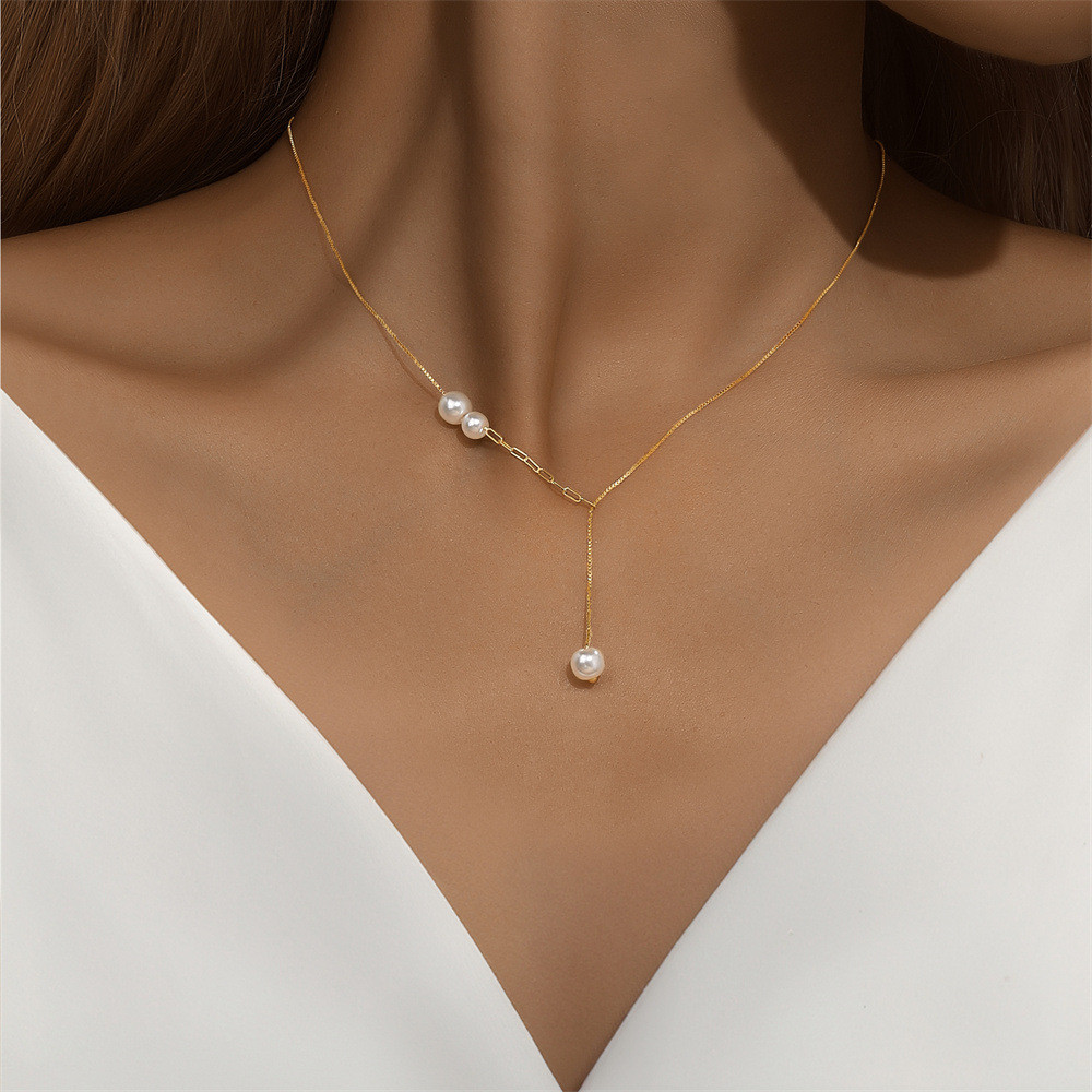 Gold Plated 925 Sterling Silver Faux Pearl Y Lariat Necklace for Women