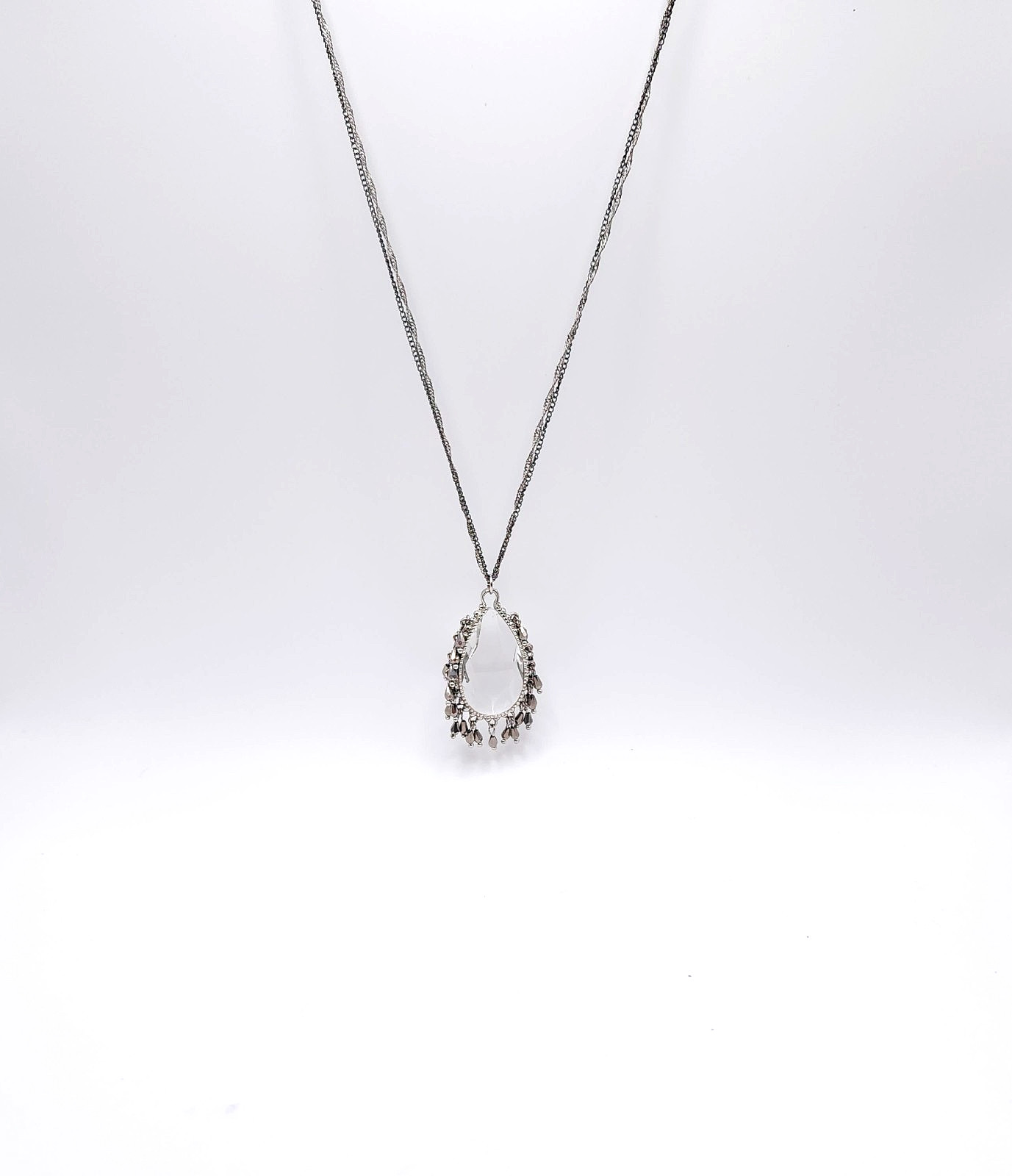 Silver Tone Crystal Teardrop Pendant Necklace Double Strand Adjustable 32-35in
