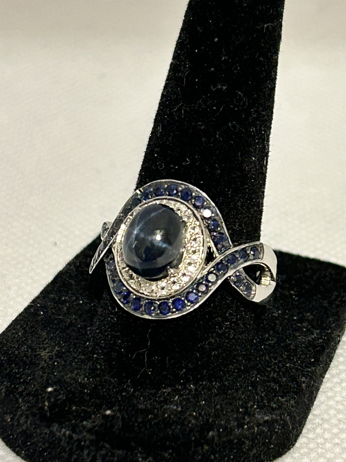 Blue Star Blue Sapphire, White Topaz, Silver womens ring, fashion jewelry, new