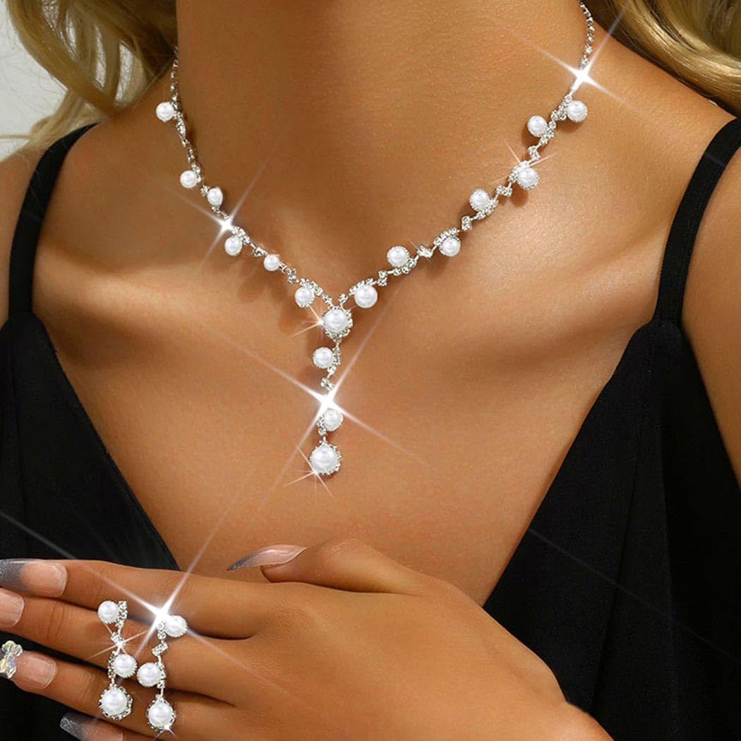 Silver Pearl Bridal Wedding Jewelry Set Rhinestone Necklace Earrings Bracelet Se