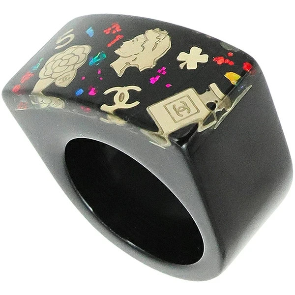 CHANEL Coco Mark Ring Logo Plastic Black Vintage Icon Camellia No.5 Women
