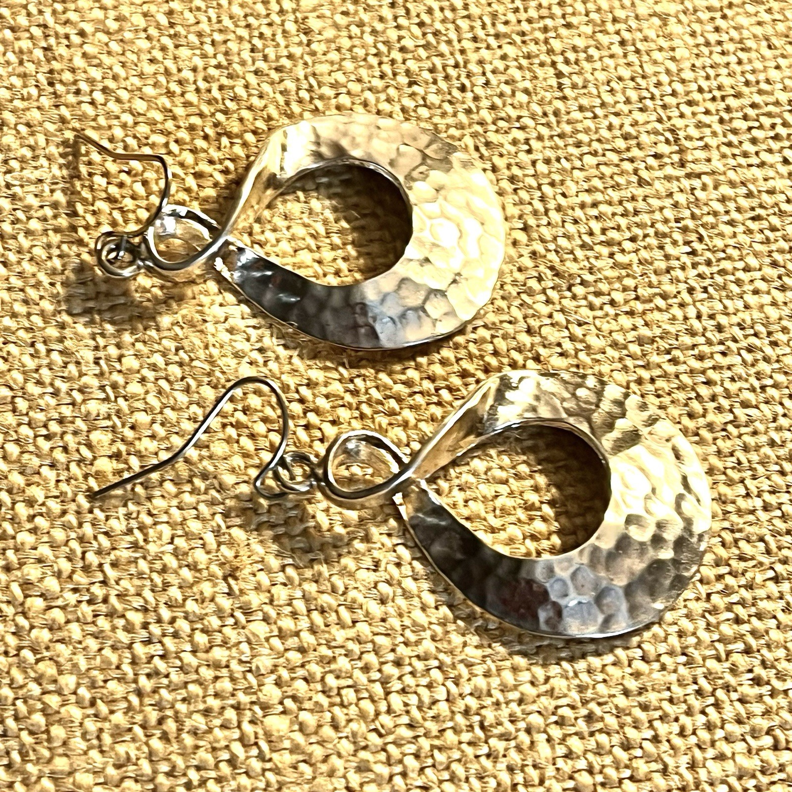 Hammered Silverplate Pierced Earrings 1 3/4 Inches Long Twisted Oval Dangles