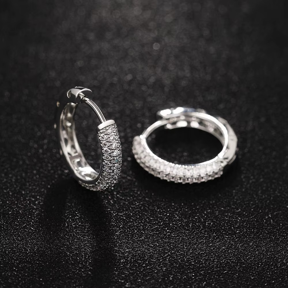 PAIR Elegant Paved Full Imitated Moissanite Circle Silver Plated CZ Hoop Earring
