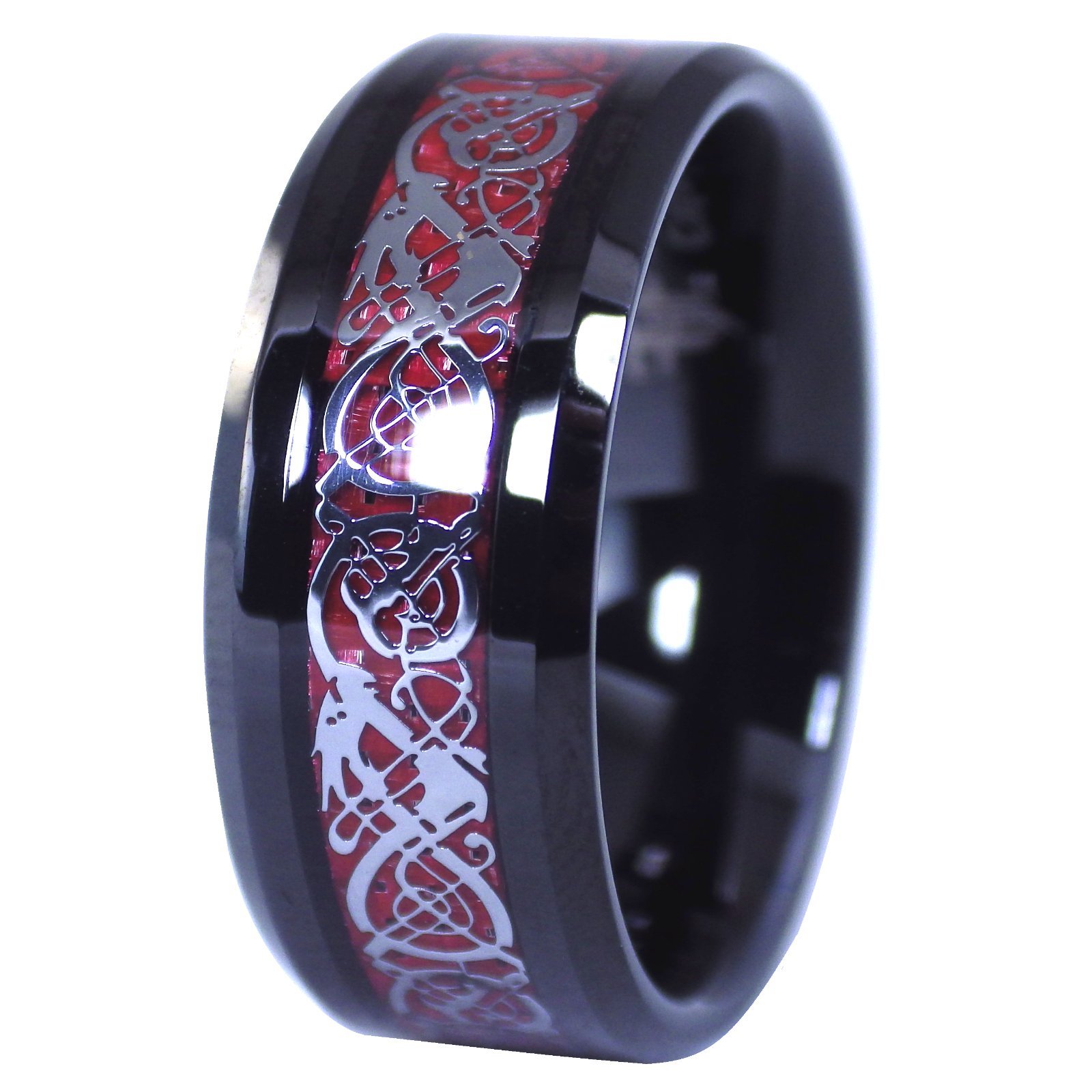 Black Tungsten Red Celtic Dragon Ring Size 6-17 Mens Womens 8mm Carbon Fiber