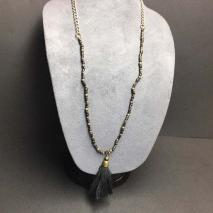 Black Tassel Organic Necklace 34 In Bronze Silver Chain Retro BoHo Vintage