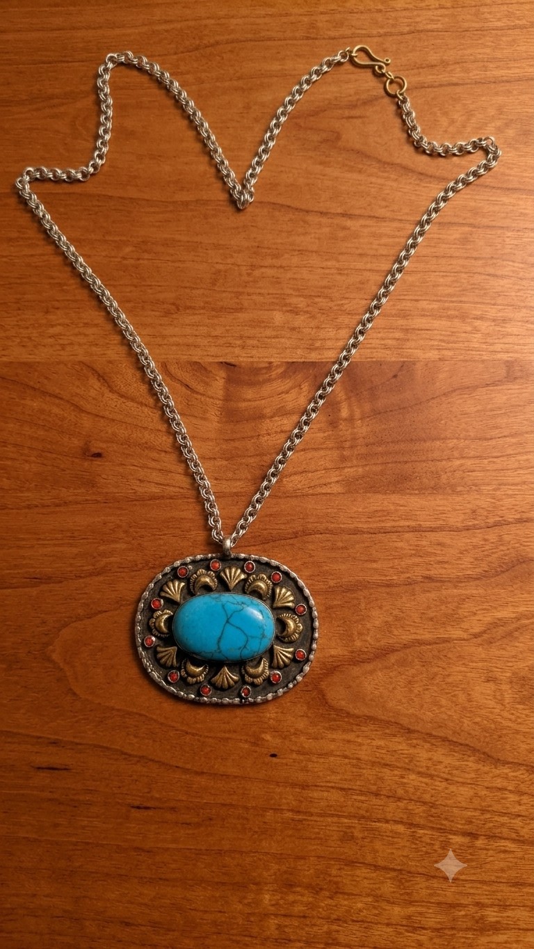 Vintage Tibetan Tribal Turquoise Coral Pendant Necklace, Antiqued Silver