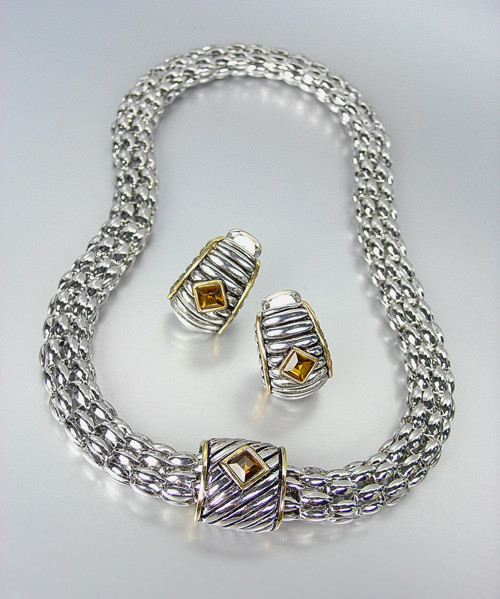Designer Style Silver Cable Gold Brown Topaz Crystal Magnetic Mesh Necklace Set