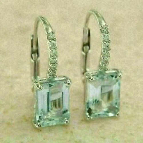 3Ct Emerald Cut Simulated Aquamarine Women’s Drop Earrings 14k White Gold Plated