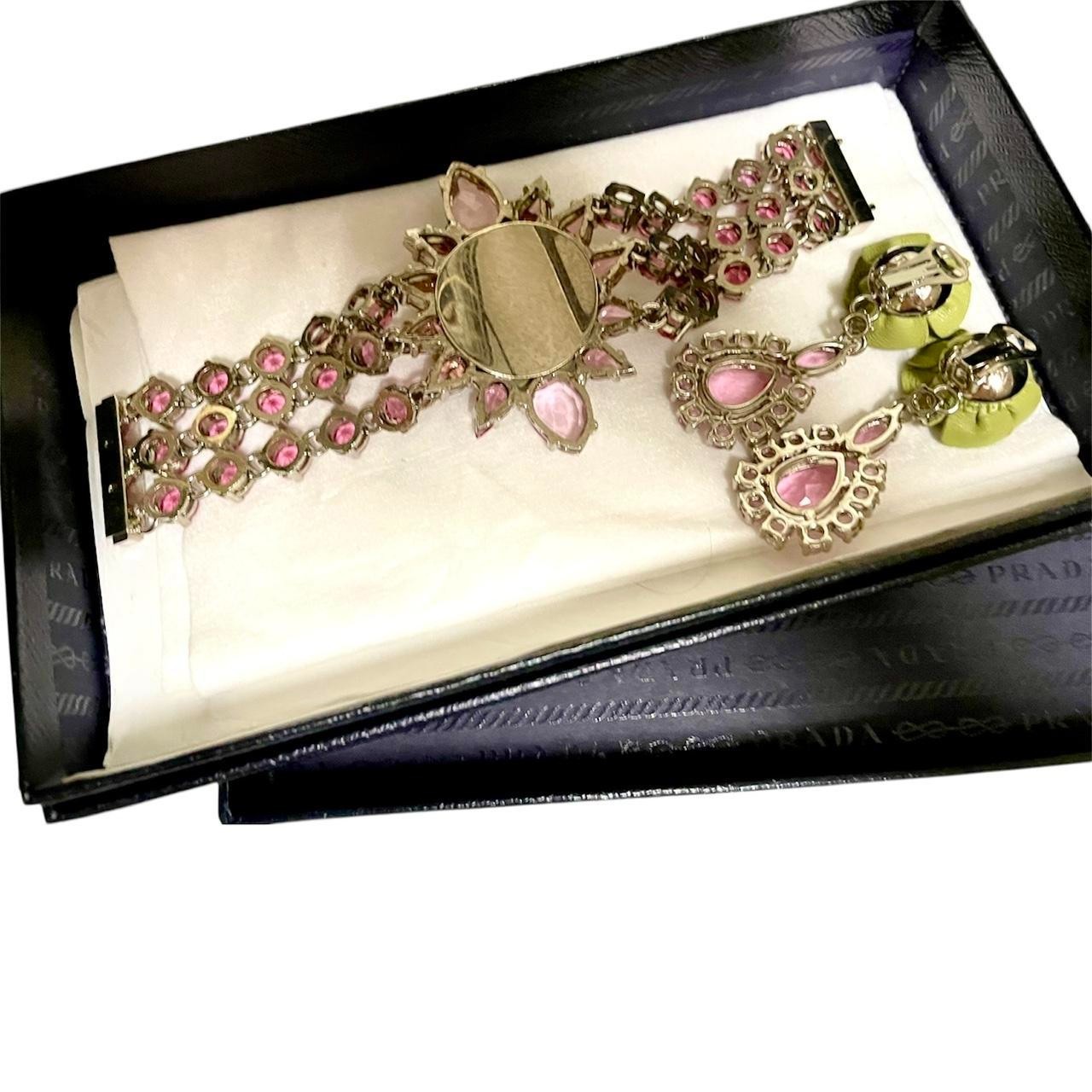 Prada S/S 2012 Green Patent Leather Rose Pink Rhinestone Bracelet & Earrings Set
