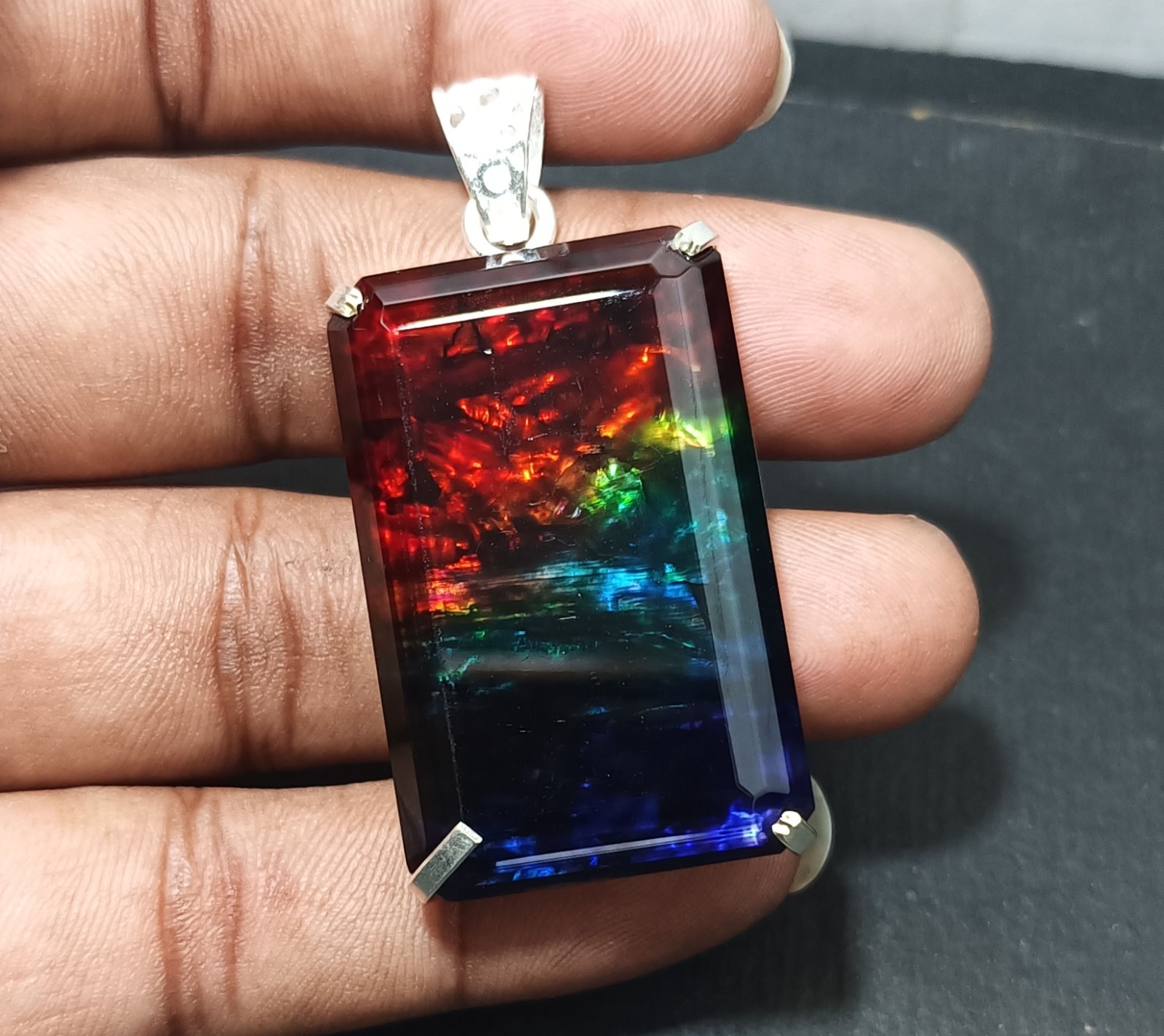 Certified 98.70 Ct Natural Ammolite 925 Solid Silver Rainbow Pendant Gemstone