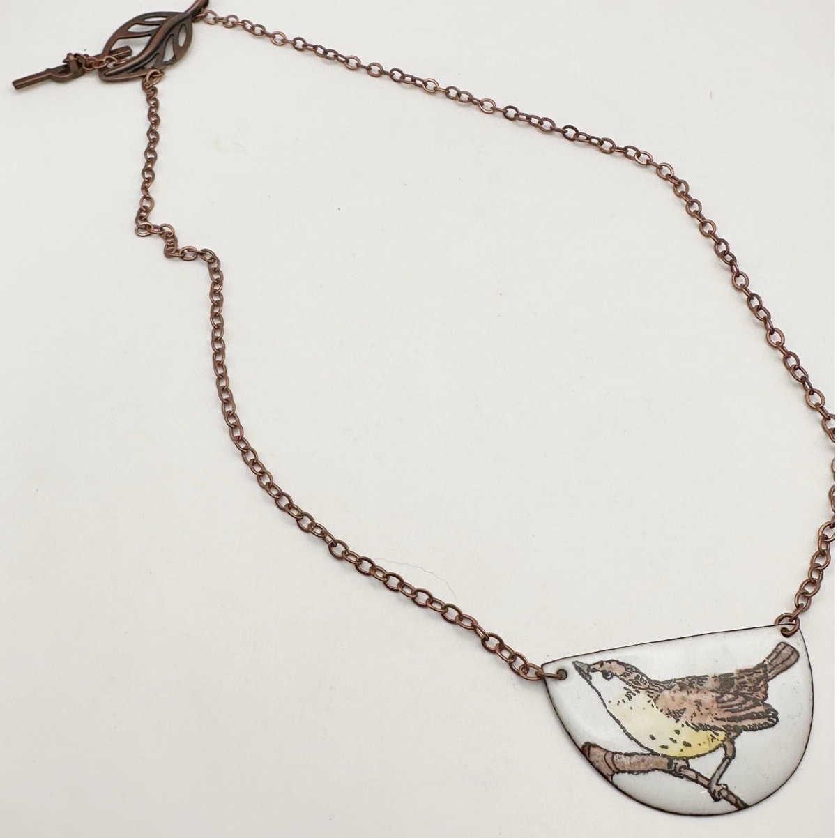 Hand painted Carolina Wren Necklace White Brown Bir Leaf Nature Jewelry