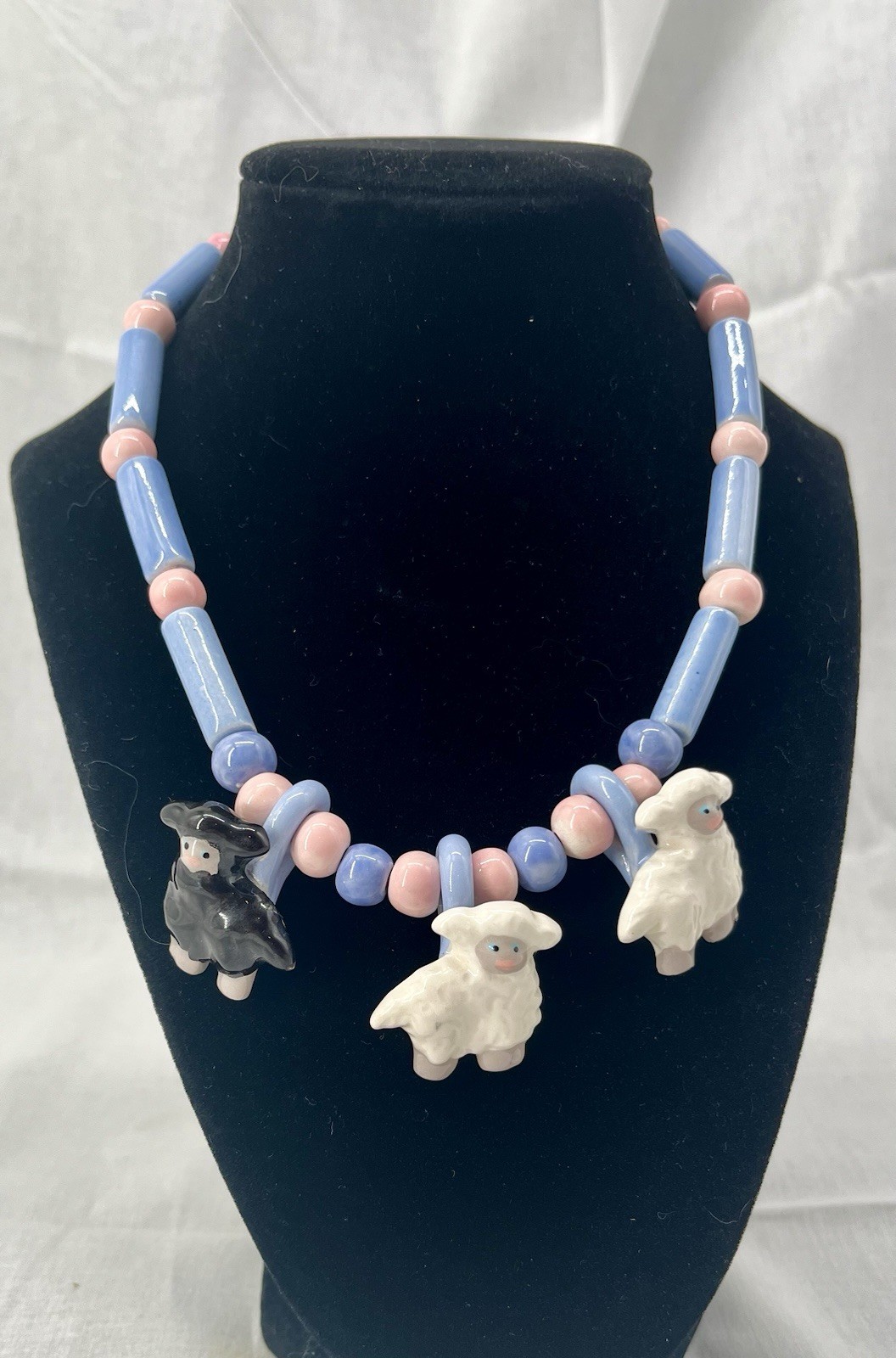 VTG Flying Colors Black Sheep Necklace Ceramic 1980s Statement Jewelry Signed