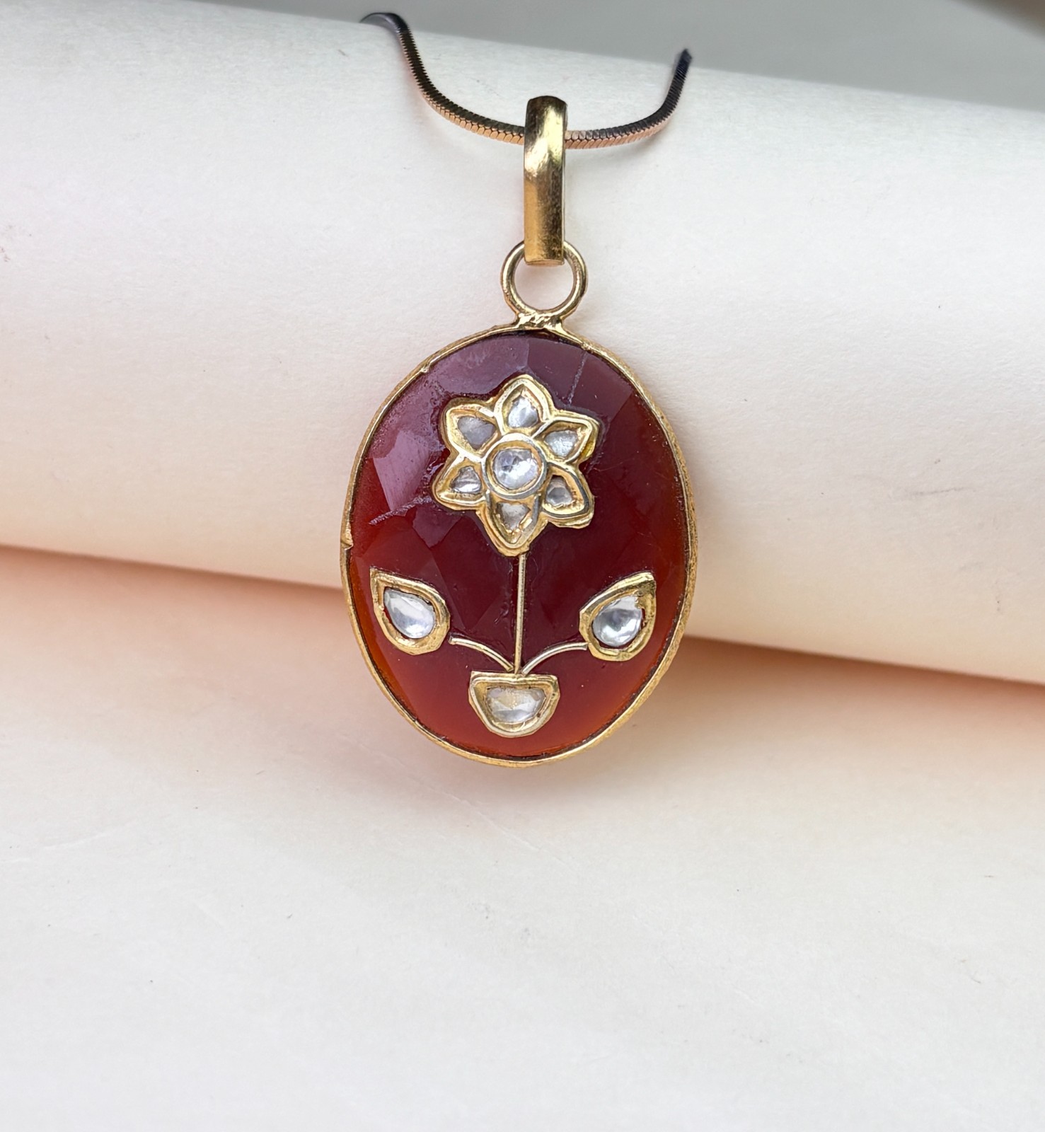 925 Silver Red Kundan Floral Oval Pendant Without Chain Gold Plated Women Gift