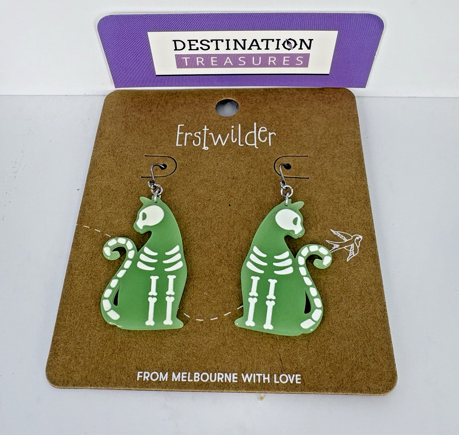 Erstwilder Halloween Skeleton Cat Earrings Glow in Dark GID New on Card