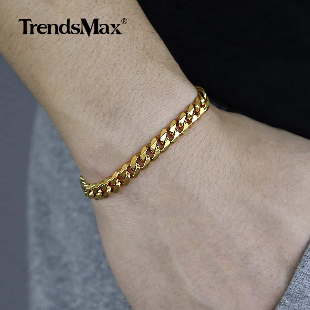 3/5/7/9/11mm Gold Plated Stainless Steel Curb Cuban Chain Bracelet Lin Men 7-11″
