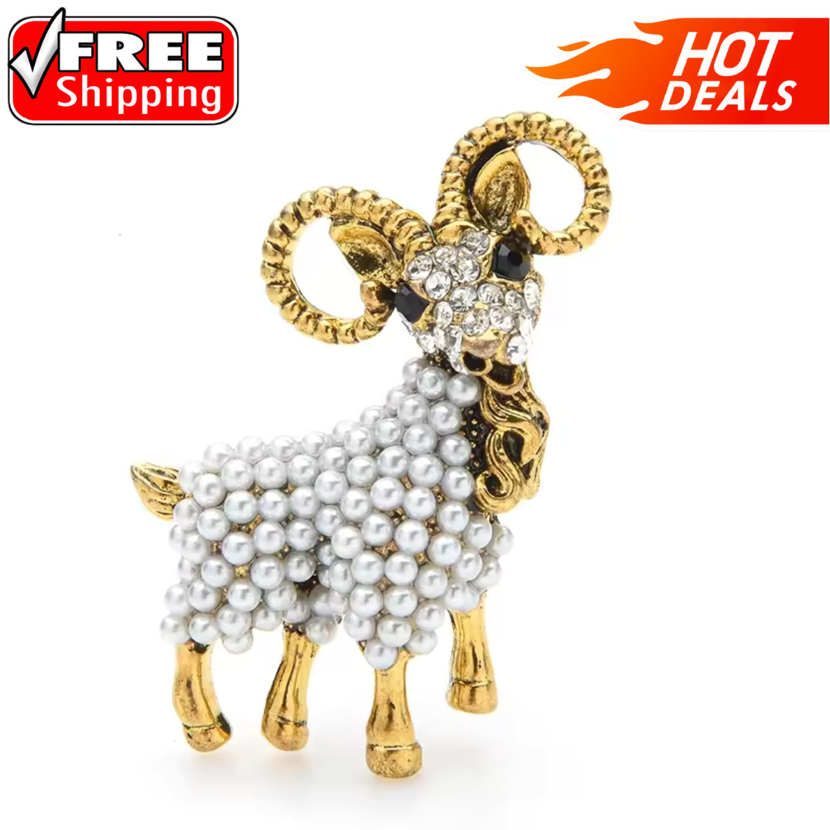 Vintage Gold Tone Pearl Goat Women Men Alloy Sheep Animal Party Brooch Pin Gifts