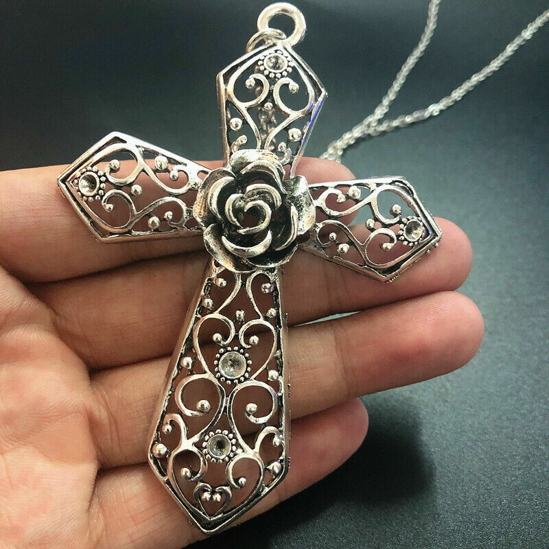 large CROSS CRUCIFIX JESUS PRAY pendant Sterling Silver 26″ necklace women men