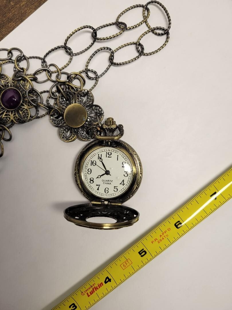 Amy Kahn Russell Pocket Watch Necklace 36” Bronze Floral READ DESCRIPTION PLEASE